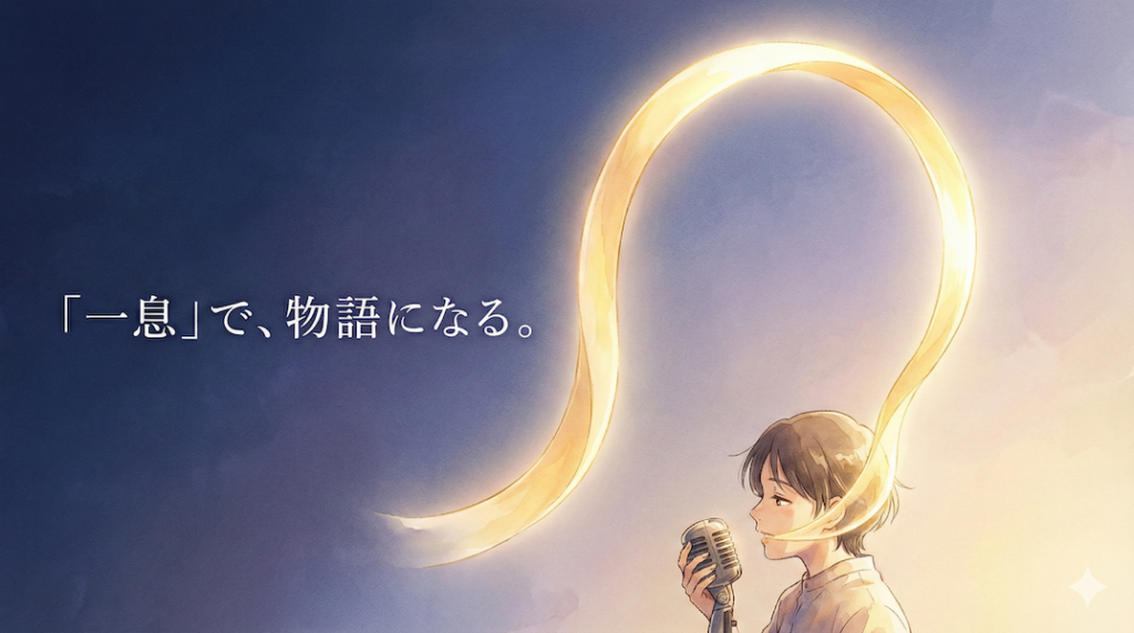 ヴォーカリストが途切れることのない一本の美しい光のアーチ(息のコントロール)を描き出している様子:ワンセンテンスを歌いきる大切さ