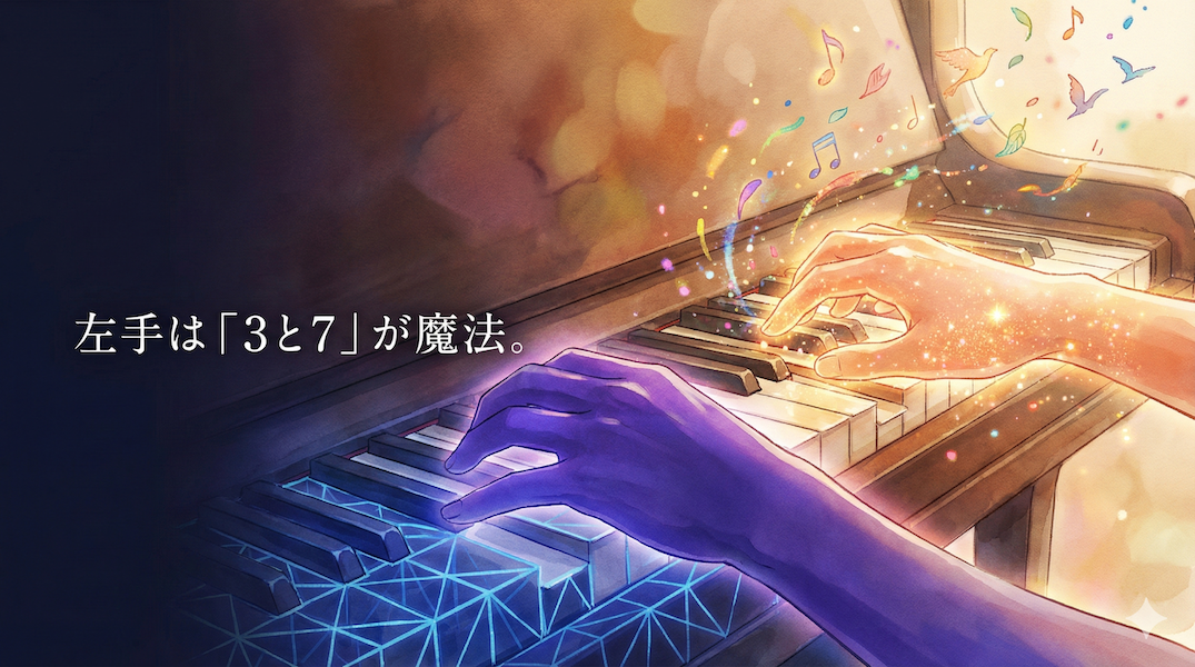 左手は青く安定した光（骨格）、右手は黄金の光（彩り）を放ちながら演奏するピアノの手元：ジャズピアノの役割分担