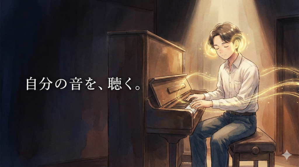 目を閉じて、自分の奏でる一音一音に深く耳を澄ませるミュージシャンの姿:上達の基本は自分の音を聴くこと