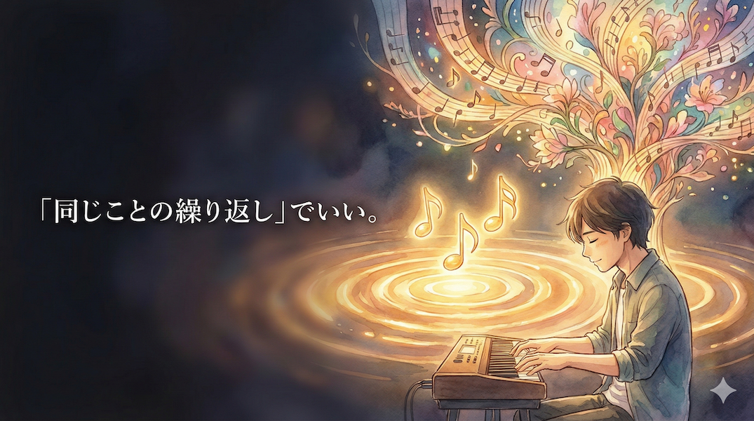 たった3つの音符の単純な繰り返しが、やがて大きな音楽の波へと成長していく様子：シンプルな繰り返しこそがアドリブの秘訣