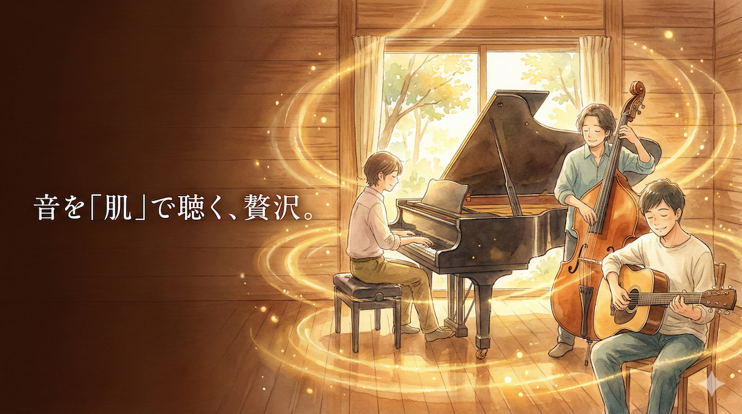 木の温かみのある部屋で、ピアノやベースなどのアコースティック楽器が奏でる音が、黄金色の温かい空気の波となって空間を満たしている様子:生演奏の肌触り