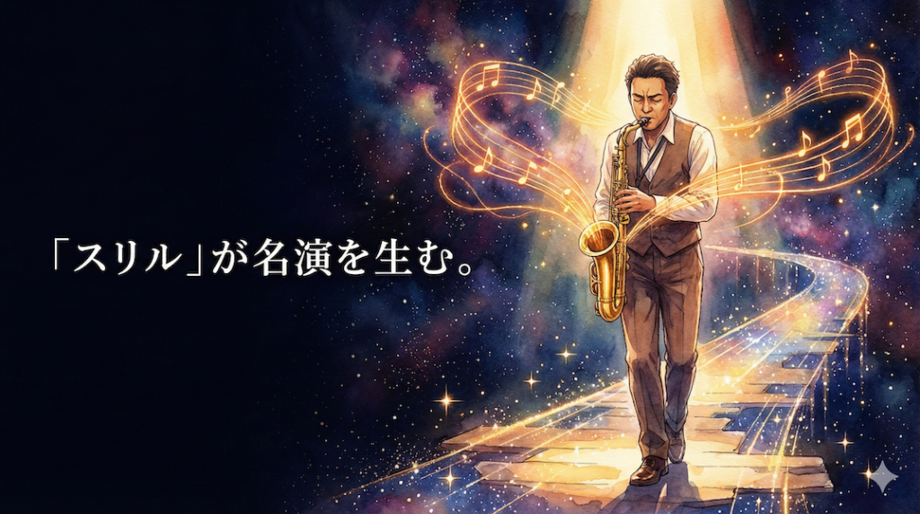 未知の空間で、その瞬間に現れる光の糸（音）を紡ぎ出しながら演奏するミュージシャン：スリルと集中力が生む奇跡のアドリブ