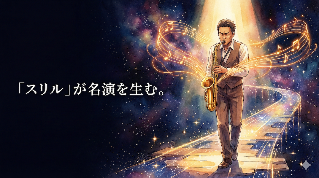 未知の空間で、その瞬間に現れる光の糸(音)を紡ぎ出しながら演奏するミュージシャン:スリルと集中力が生む奇跡のアドリブ