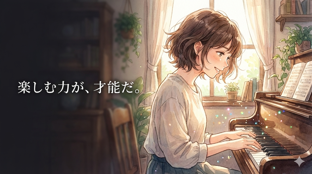 辛い顔ではなく、目を輝かせてピアノの練習を楽しむ人物：練習を楽しめることこそが最強の才能