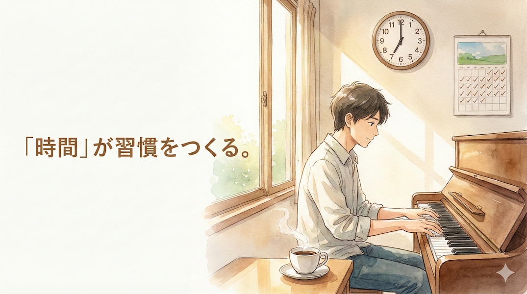 壁掛け時計が特定の時間を指し、自然体で楽器に向かう人物：決まった時間の練習が習慣を作る
