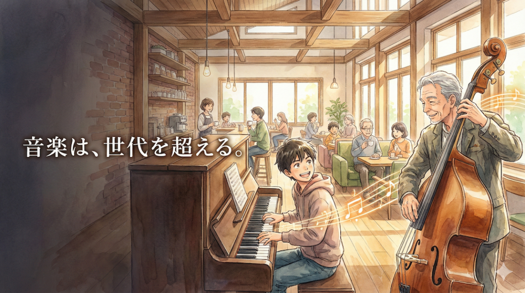 笑顔でセッションを楽しむ白髪の紳士と若者、それを見守る多様な世代の人々:音楽を通じた世代間交流