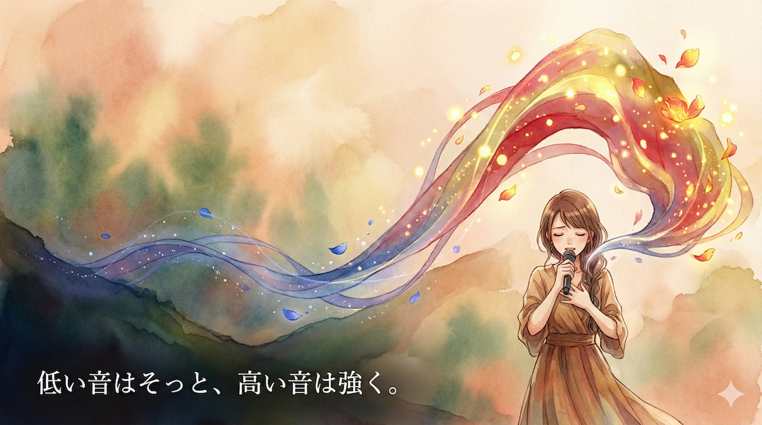 感情を込めて歌う女性シンガー。口から出る歌声がリボンのように可視化され、低い音は静かな青色、高い音は力強く華やかな赤や黄金色へと変化し、音の強弱(ダイナミクス)を描いている様子:歌の抑揚のつけ方