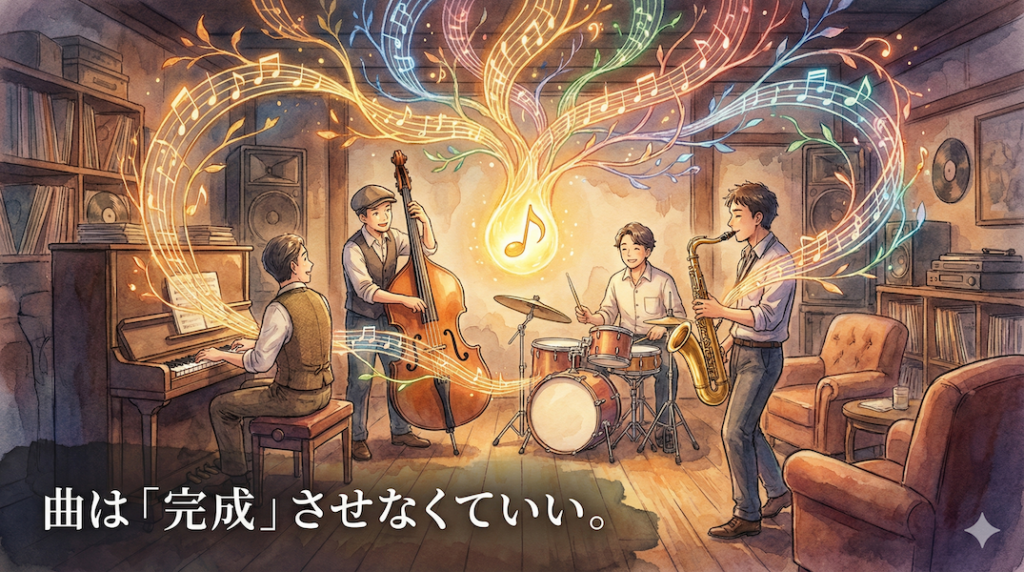 ジャズセッションを楽しむ4人のミュージシャン。中央に浮かぶ光る音符の種から、魔法のようにカラフルな光のツタや五線譜が成長し広がっていく様子：モチーフから音楽が育つ楽しさ
