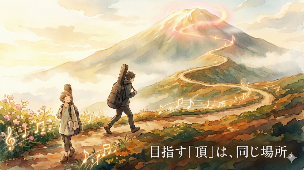 黄金色の朝日に照らされた山道で、大きな楽器を背負ったプロの音楽家と、笑顔のアマチュア音楽家が同じ頂上を目指して歩いている様子：プロとアマの方向性は同じ