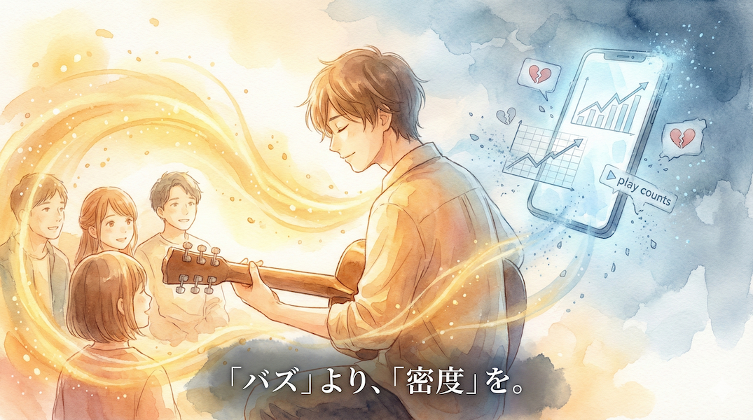 ギタリストが背後のスマホ画面(再生数やいいねの数字)には背を向け、目の前の聴き手に向かって心を込めて演奏している様子。金色の温かい光が両者を繋いでいる:「バズ」より「密度」を重視する姿勢