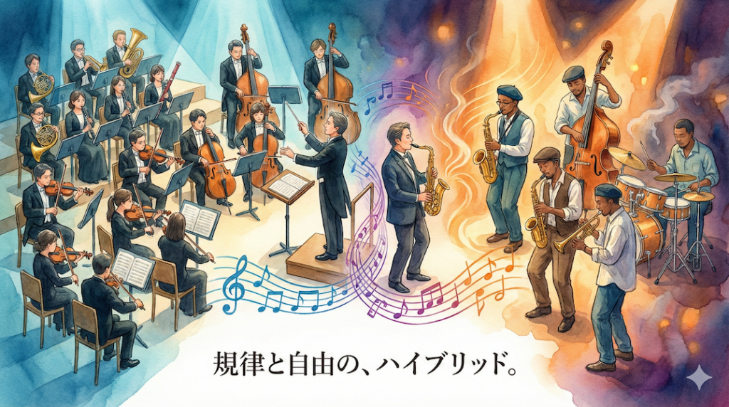 左側には整然としたオーケストラ、右側には自由なジャズバンドが描かれ、中央でその二つの世界が融合し、新しいハーモニーを生み出している様子：規律と自由のハイブリッド