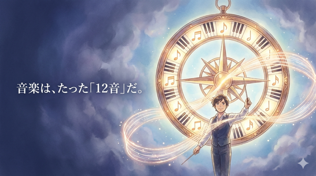 12個の音符が刻まれた時計のような羅針盤の前に立つミュージシャン。限られた12音から、リズムという光の波を引き出し、無限の音楽を紡ぎ出している様子：音楽の構造はシンプルである