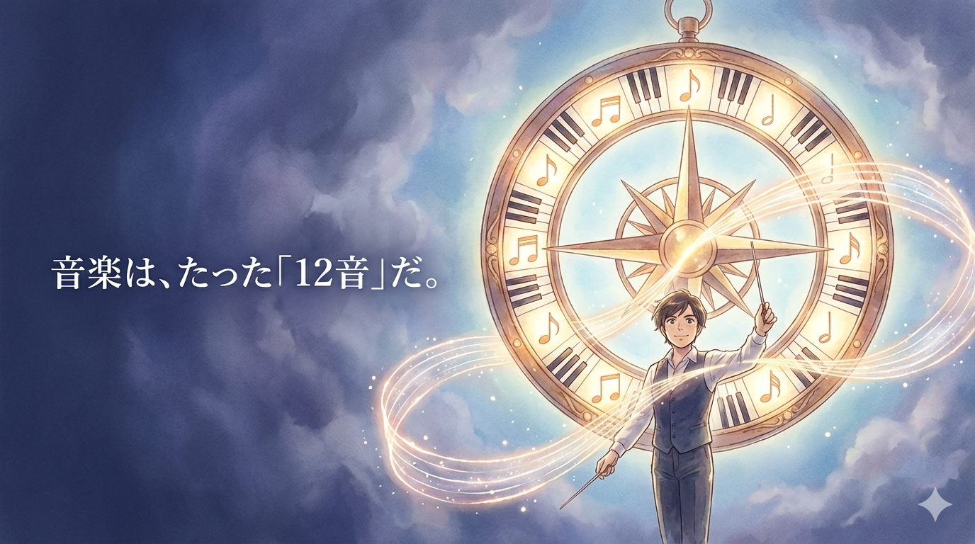 12個の音符が刻まれた時計のような羅針盤の前に立つミュージシャン。限られた12音から、リズムという光の波を引き出し、無限の音楽を紡ぎ出している様子：音楽の構造はシンプルである