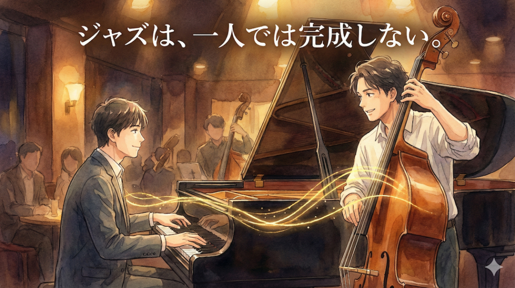 温かい照明の下でジャズピアノを弾く男性とウッドベースを弾く男性が、笑顔でアイコンタクトを取りながらセッションしている様子。二人の間を金色の光のリズムが繋いでいる：アンサンブルによる対話