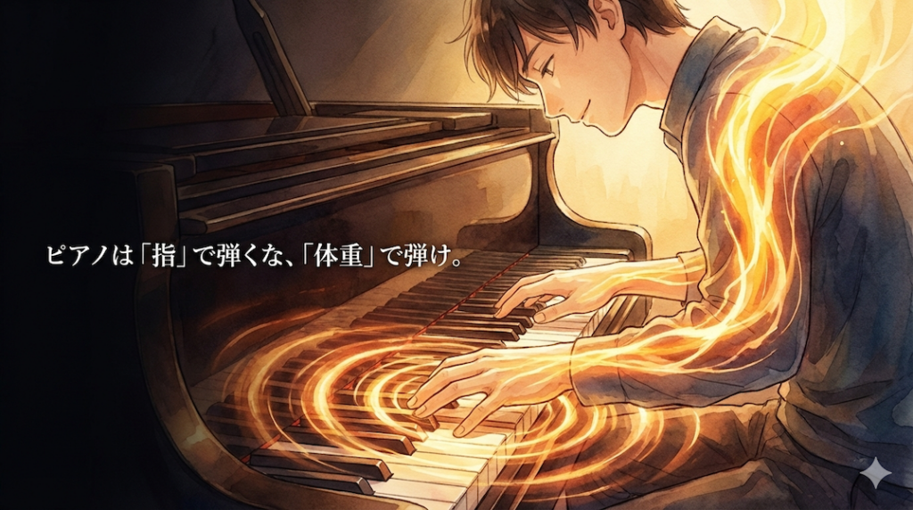 ピアノを弾く奏者の横顔。体幹から腕を通って、斜め前方の鍵盤に向かって太いエネルギーの奔流（体重）が流れ込み、豊かな音が鳴り響いている様子：重量奏法の可視化