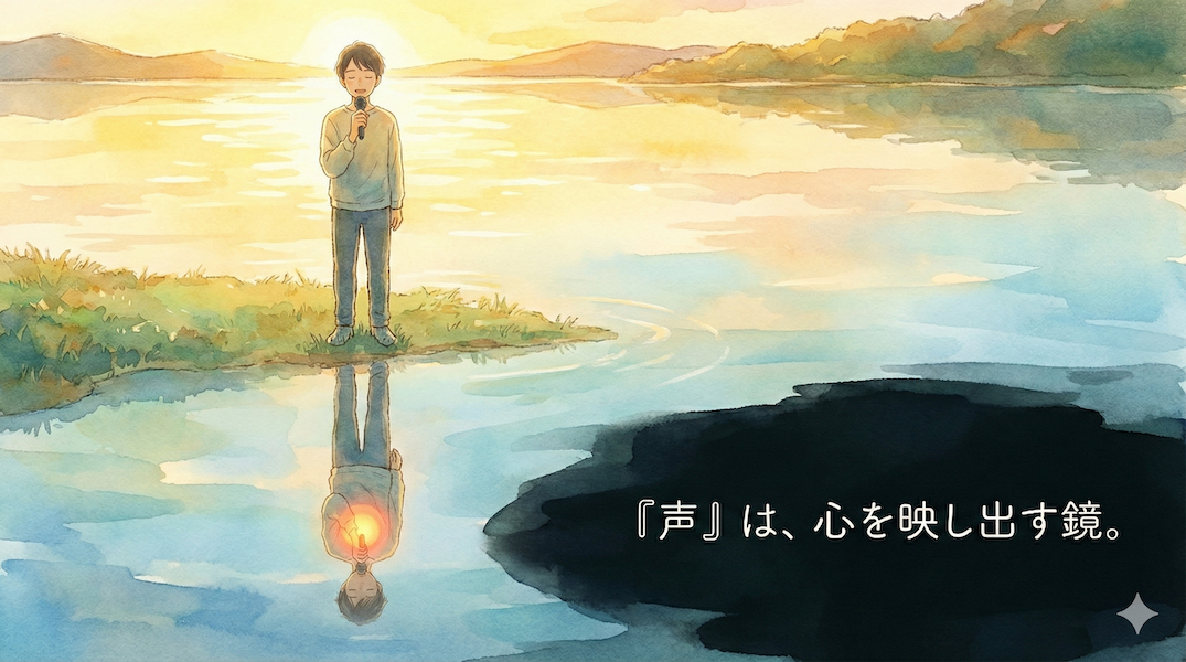 朝日が照らす湖のほとりでマイクを持って歌う男性の水彩風イラスト。水面には男性の姿と胸元で光る玉が反射しており、「『声』は、心を映し出す鏡。」という文字が添えられている。