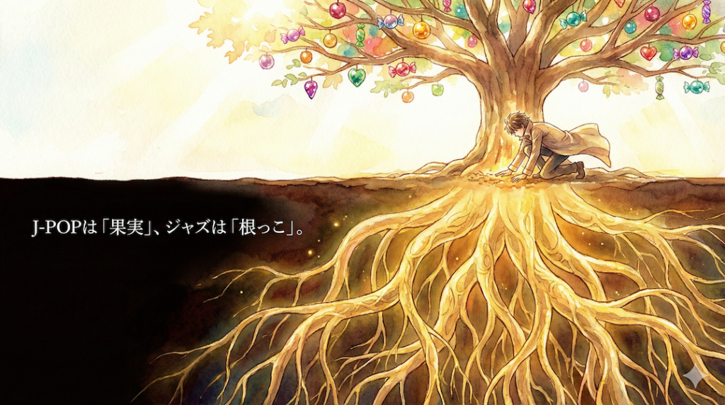 地上にはカラフルなお菓子のような果実（J-POP）が実り、地下には黄金色に輝く巨大な根（ジャズ・クラシック）が張っている木。その根元で大地に手を触れ、根からのエネルギーを吸収しようとするミュージシャンの姿