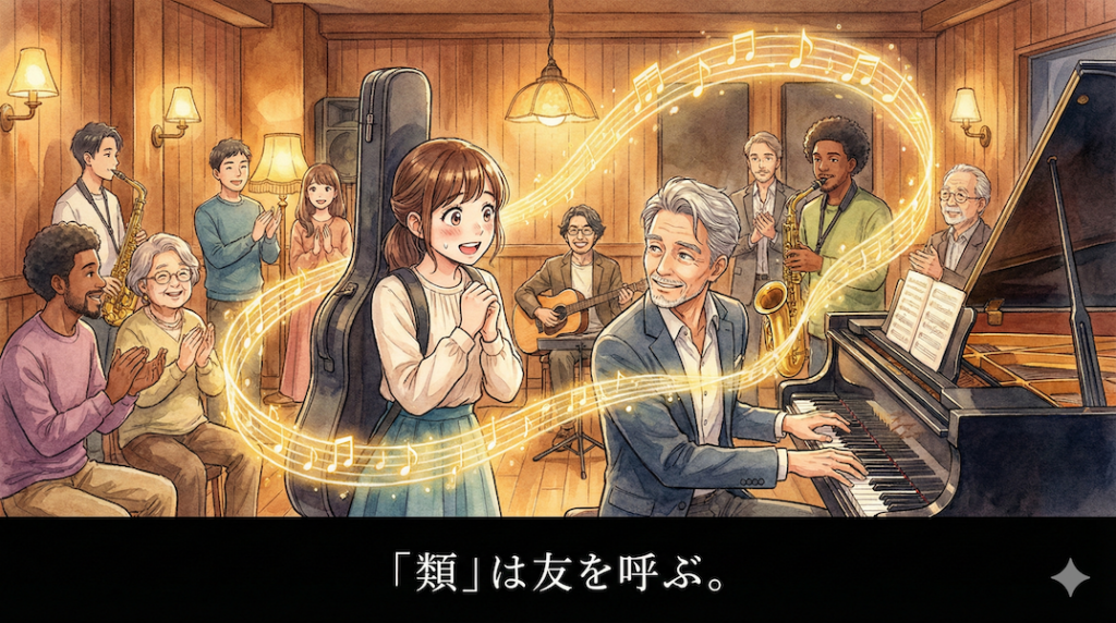 温かみのある音楽サロンで、ベテランのピアニストが初心者の女性を笑顔で迎え入れ、周囲の人々が温かく見守っている様子。黄金色の音符が二人を繋いでいる：志で繋がるコミュニティ