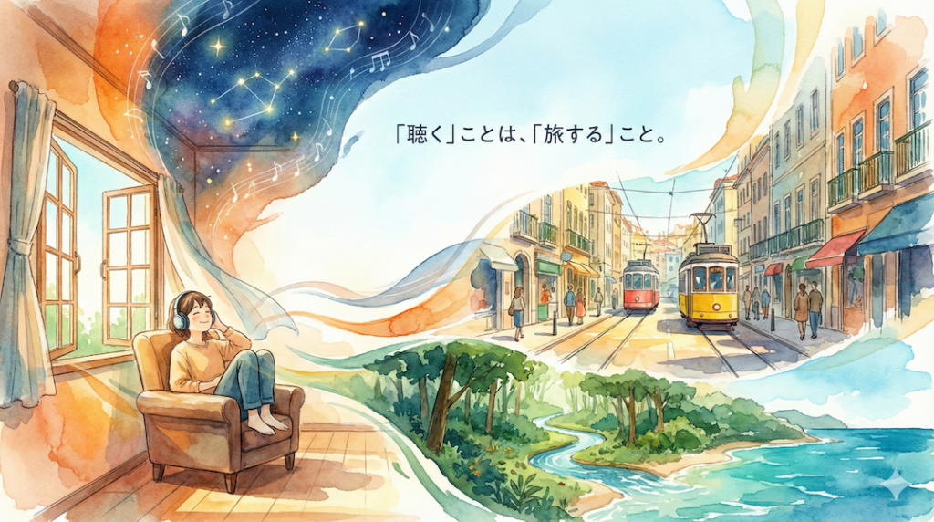 窓辺の椅子に座りヘッドホンで音楽を聴く人。周囲の空間が星空、異国の街並み、大自然といった様々な風景へと溶け込むように広がっている様子：音楽を通じた想像力の旅