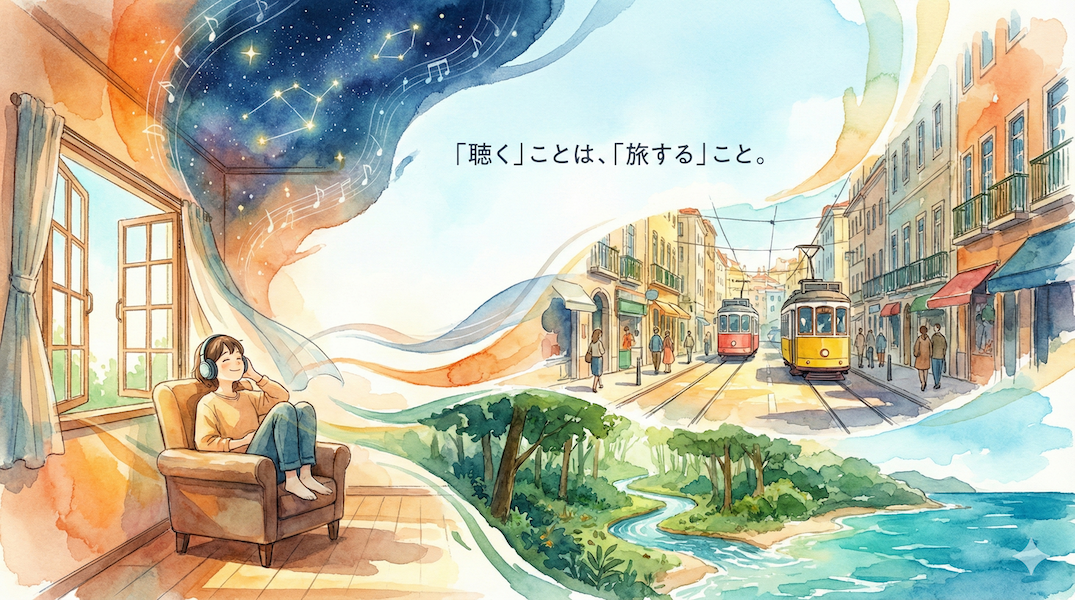 窓辺の椅子に座りヘッドホンで音楽を聴く人。周囲の空間が星空、異国の街並み、大自然といった様々な風景へと溶け込むように広がっている様子:音楽を通じた想像力の旅