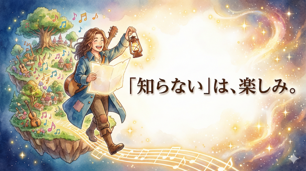 音楽家が広大な空白の地図（未開拓のエリア）を前にして、不安ではなくワクワクした笑顔でその光の中へ踏み出そうとしている様子：未知を楽しむ心