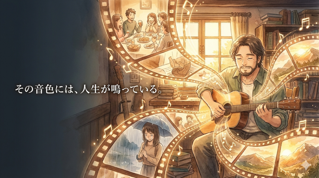 楽器を奏でるミュージシャンの周囲に、過去の楽しい思い出や悲しい経験の情景が、音色と共にフィルムのように浮かび上がっている様子：人生が音になる