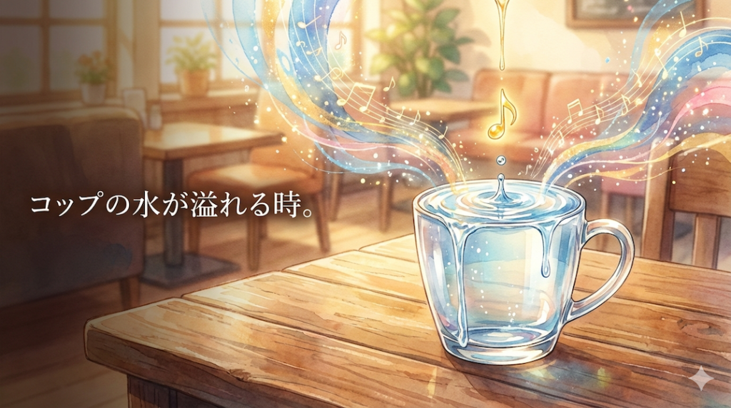 表面張力で限界まで満たされたコップの水に、光り輝く最後の一滴（音楽）が落ち、水が溢れ出して光や音符となって広がっていく様子：音楽がもたらす感情の解放