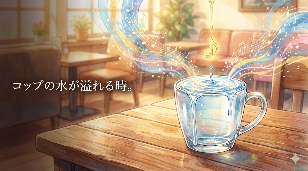 表面張力で限界まで満たされたコップの水に、光り輝く最後の一滴（音楽）が落ち、水が溢れ出して光や音符となって広がっていく様子：音楽がもたらす感情の解放