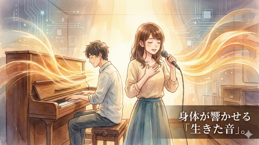 温かみのある水彩画風のイラスト。胸に手を当てて声の振動を感じながら歌う女性と、目を閉じてピアノの響きを味わう男性。背景の冷たいデジタルのモチーフが消え去り、二人の身体と楽器から、人間特有の温かく力強い音の波紋（アコースティックエネルギー）が広がっている。画像下部には「身体が響かせる「生きた音」。」というテキストが書かれている。