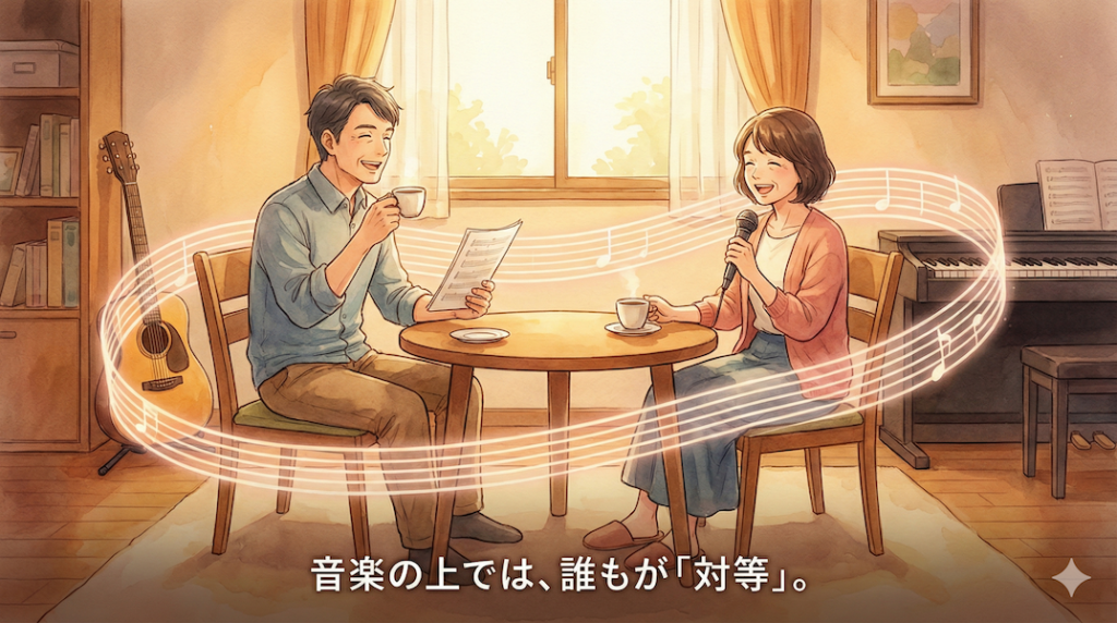 温かみのある水彩画風のイラスト。居心地の良い部屋で、楽譜を持つ男性とマイクを持つ女性が、丸テーブルを囲んでコーヒーを飲みながら楽しそうに笑い合っている。二人の周りを光り輝く五線譜が囲み、音楽を通じた対等な関係を表現している。画像下部には「音楽の上では、誰もが「対等」。」というテキストが書かれている。