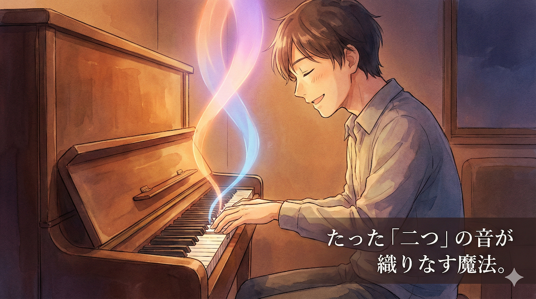 温かみのある水彩画風のイラスト。ピアノで二つの鍵盤だけを優しく押さえ、その響きに耳を傾けて微笑む人。押さえた二つの音から光の帯がふわりと立ち上り、空中で交わって美しい新しい色(ハーモニー)を生み出している。画像下部には「たった「二つ」の音が織りなす魔法。」というテキストが書かれている。