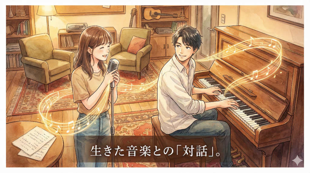 温かみのある水彩画風のイラスト。居心地の良い音楽スタジオで、マイクを持って歌う女性と、ピアノを弾く男性が笑顔で優しく見つめ合っている。二人の間には光り輝く音符の帯が漂い、音楽を通じた対話を表現している。画像下部には「生きた音楽との「対話」。」というテキストが書かれている。