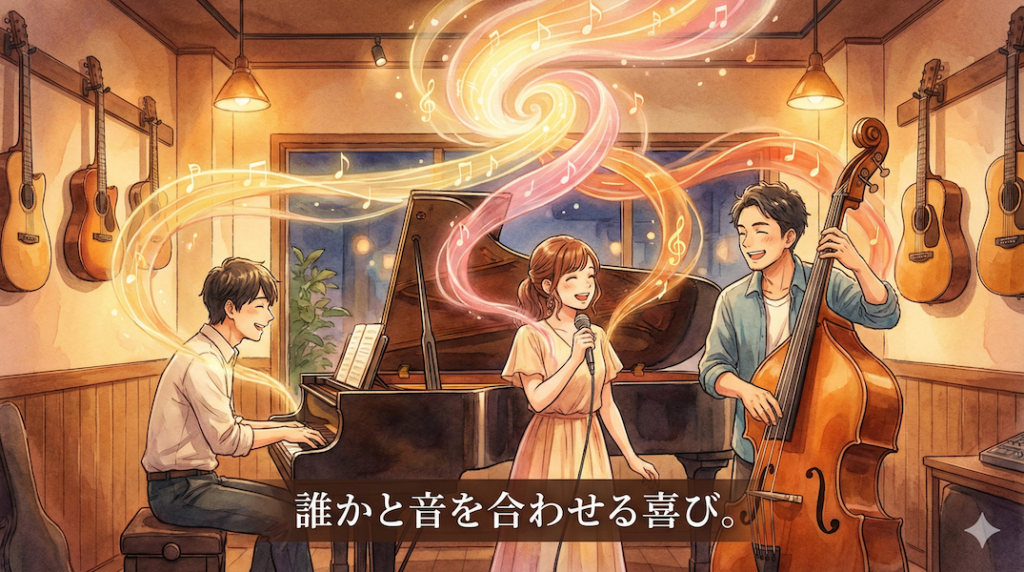 温かみのある水彩画風のイラスト。居心地の良いスタジオで、ピアノ、ボーカル、ベースの3人がアイコンタクトを取りながら楽しくセッションをしている。それぞれの楽器や声から出た光の帯が空中で美しく一つに溶け合い、人と人が音を合わせるアンサンブルの喜びを表現している。画像下部には「誰かと音を合わせる喜び。」というテキストが書かれている。