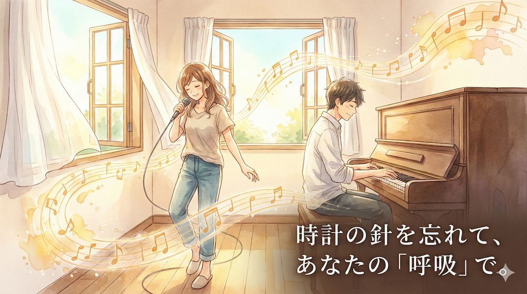 温かみのある水彩画風のイラスト。時計のない穏やかな音楽室で、窓から吹き込む風でカーテンが揺れている。ピアノを弾く男性と歌を歌う女性が、目を閉じてリラックスし、自分たちの呼吸に合わせて自由に音楽を楽しんでいる。周囲には光る音符が風に乗って柔らかく舞っている。画像下部には「時計の針を忘れて、あなたの「呼吸」で。」というテキストが書かれている。