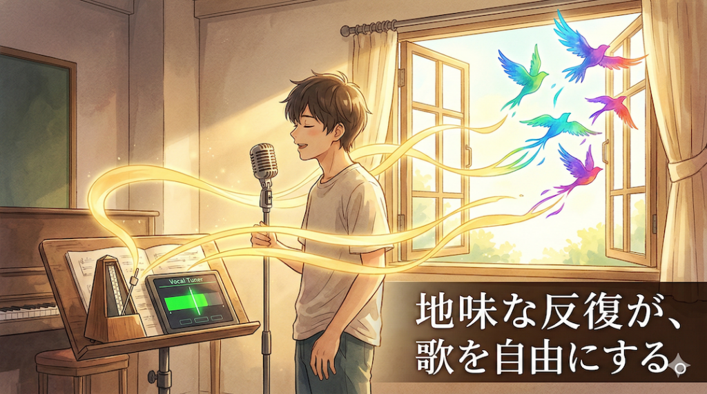 温かみのある水彩画風のイラスト。日差しの入る部屋でリラックスして歌う人。手前の譜面台にはメトロノームとチューナーが置かれている。その基礎的な機材から生まれた光の帯が歌い手を優しく包み込み、窓の外へ自由に羽ばたく鳥のような美しい音波へと変化している。画像下部には「地味な反復が、歌を自由にする。」というテキストが書かれている。