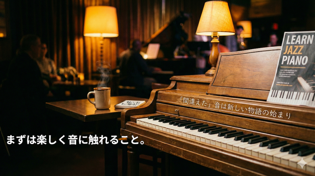 温かい照明のジャズクラブにあるヴィンテージピアノとコーヒー。画像には「『間違えた』音は新しい物語の始まり」「まずは楽しく音に触れること。」「LEARN JAZZ PIANO」というテキストが添えられている。