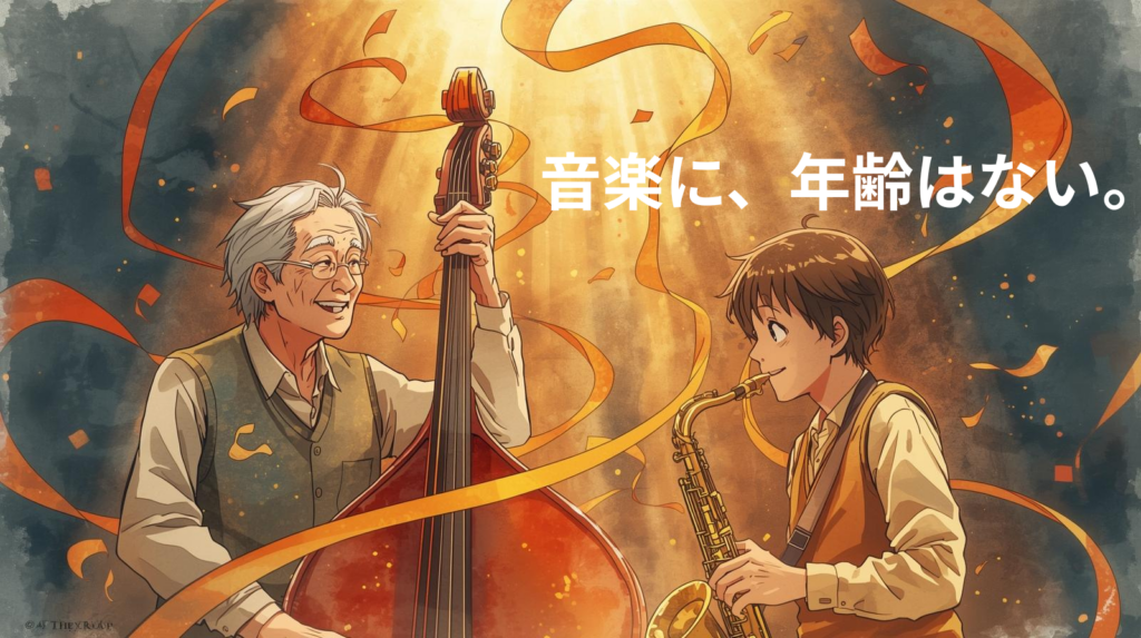 白髪のベテラン奏者と制服を着た若い奏者が、笑顔でセッションしている様子。二人の音が混ざり合い、周囲の冷たい孤独な空気を温かい光で押し返している：世代を超える音楽の力