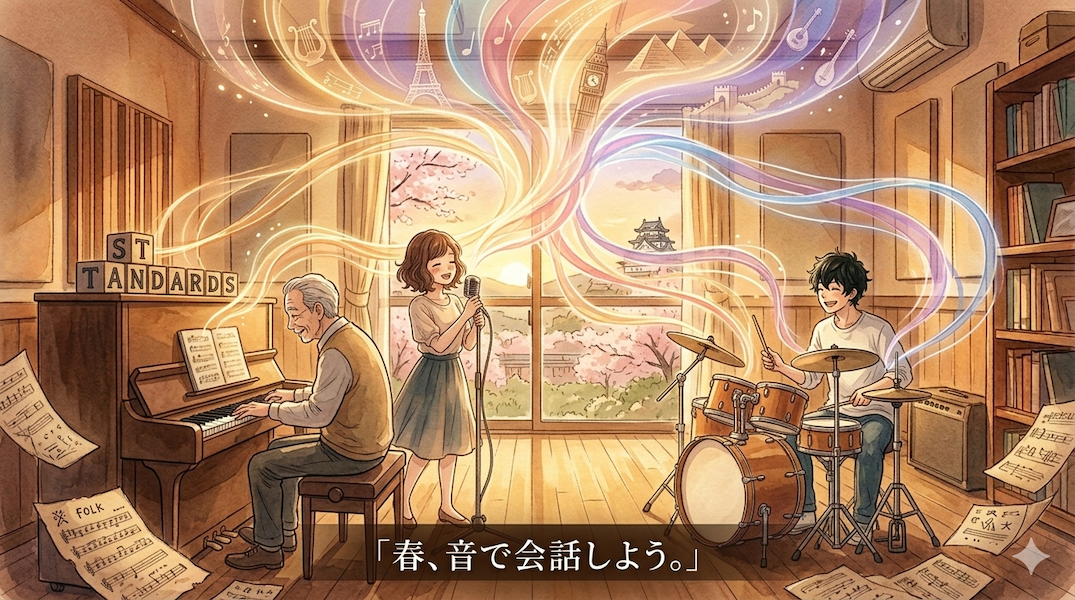 春、岸和田の「Music Space サヴァサヴァ」のスタジオで、大人のボーカリスト、ピアニスト、ドラマーがジャズアンサンブルを楽しそうに演奏している。琥珀色の温かい日差しの下、3人は楽譜を凝視せず、笑顔で目線を合わせている。3人の間を流れるのは完璧な譜面ではなく、融合する温かい光の帯(音符が少し混ざったもの)。これがスタンダード曲の共通言語を通じてお互いを支え合う「音の会話(協調性)」と自己表現を視覚化している。ボトムセンターには白いJapanese Title「春、音で会話しよう。」が配置されている。