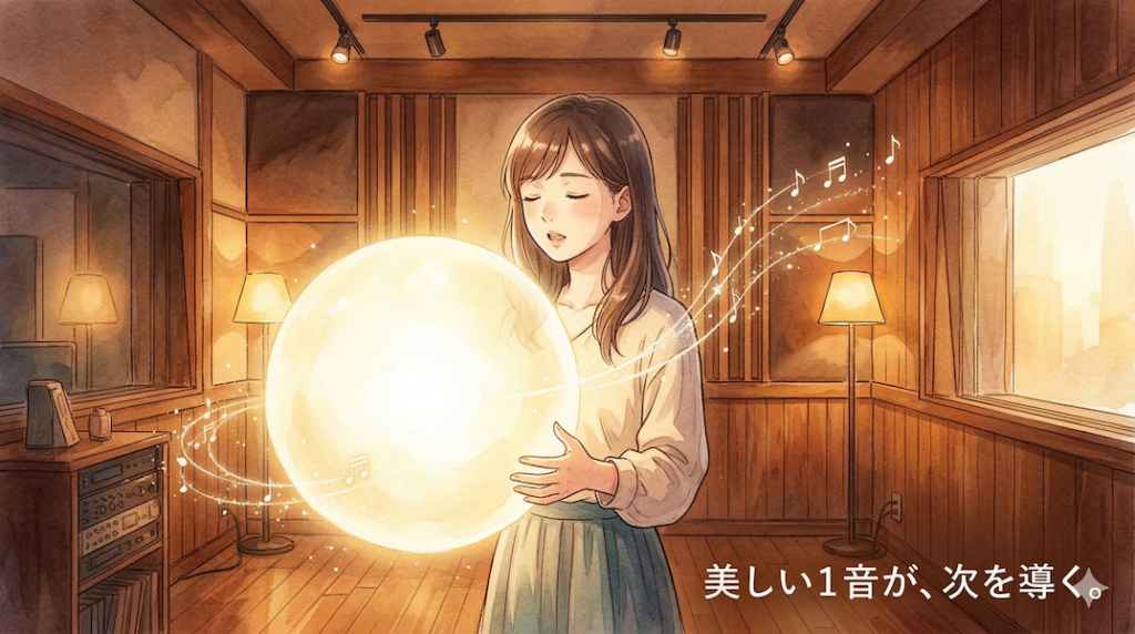 温かみのある水彩画風のイラスト。スタジオで目を閉じ、深くリラックスして1つの音（ロングトーン）を響かせる人物。その人物から、大きく美しく光り輝く「たった1つの音の球体」が広がっている。その美しい響きの球体から自然と小さな光の道や音符が枝分かれし、良い音が次のインスピレーションを導き出す様子を表現している。画像下部には「美しい１音が、次を導く。」というテキストが書かれている。