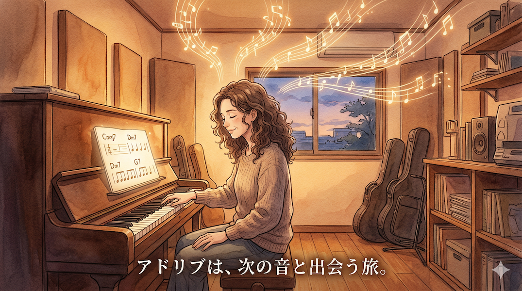 温かみのある水彩画風のイラスト。スタジオで演奏する大人の演奏者。頭上から光り輝く抽象的な音符の星座が自由に浮かび上がり、ユーザーが主張する「次の音が浮かぶ」様子を表現。譜面台にはコードネームが淡く光る地図があり、理論が土台となっている。ボトムセンターには「アドリブは、次の音と出会う旅。」というテキストが書かれている。