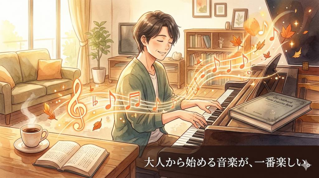温かみのある水彩画風のイラスト。居心地の良い部屋で、大人の人物が深く満たされた表情でピアノを弾いている。傍らには、幼少期の窮屈なレッスンを象徴する古い教本が閉じられて置かれている。人物の指先からは、豊かな人生経験を象徴するような温かく自由な音の光が溢れ出している。画像下部には「大人から始める音楽が、一番楽しい。」というテキストが書かれている。
