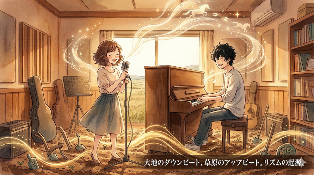 温かみのある水彩画風のイラスト。音楽スタジオで演奏を楽しむボーカリストとピアニスト。足元には農耕民族を象徴する土や農具が描かれ、重みのある「大地のダウンビート」を表現している。一方、彼らの周りから頭上にかけては、騎馬民族を象徴する光り輝く馬のシルエットが風のように駆け抜け、躍動感のある「草原のアップビート」を表現している。画像下部には「大地のダウンビート、草原のアップビート。リズムの起源。」というテキストが書かれている。