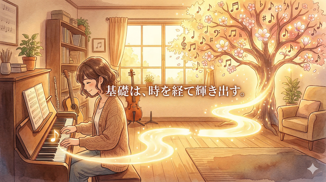 温かみのある水彩画風のイラスト。スタジオで1つの音符に向き合い基礎練習をする人物。その手元から光の道が未来へと伸びており、途中に「忘却」を意味する小さな途切れがありながらも、最後には音符の葉を持つ美しく巨大な光の木へと成長している。地味な基礎練習が、時間の経過や耳の成長とともに、未来で突然大きな意味を持って花開く様子を表現している。画像下部には「基礎は、時を経て輝き出す。」というテキストが書かれている。