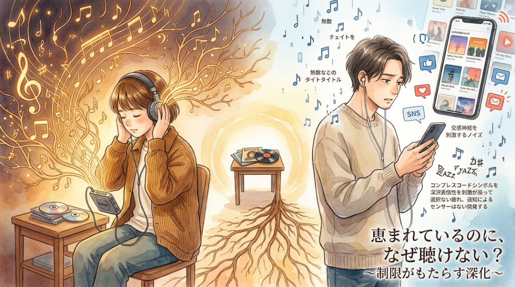 温かみのある水彩画風のイラスト。画面を左右に分割し、左側にはCDウォークマンを聴く若い人物が暖かく落ち着いた琥珀色の光に包まれ、少ないCD（3枚）から深く、濃く、血肉化された、木の根のように深く伸びていく輝く黄金の音符や音楽のシンボルが渦巻いている（制限がもたらす深化）。右側には、現代の人物がスマホを操作しながらイヤホンで音楽を聴き、無数（数千万曲）の曲のタイトルやアイコンが浅く、薄く、消費されるように、雨のように人物の周りをすり抜けていく。スマホからはSNSの通知やニュースのアイコン（ノイズ）が人物の周りを飛び交い、人物の集中を妨げている。和音のシンボルが崩れている（無限がもたらす浅薄化）。中央下部には、スマホから離れた場所に置かれた数枚の名盤が描かれ、そこから再び深い根が伸びようとしている様子（締めくくりの提案）を表現。日本語タイトル「恵まれているのに、なぜ聴けない？〜制限がもたらす深化〜」を配置。