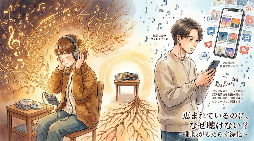 温かみのある水彩画風のイラスト。画面を左右に分割し、左側にはCDウォークマンを聴く若い人物が暖かく落ち着いた琥珀色の光に包まれ、少ないCD（3枚）から深く、濃く、血肉化された、木の根のように深く伸びていく輝く黄金の音符や音楽のシンボルが渦巻いている（制限がもたらす深化）。右側には、現代の人物がスマホを操作しながらイヤホンで音楽を聴き、無数（数千万曲）の曲のタイトルやアイコンが浅く、薄く、消費されるように、雨のように人物の周りをすり抜けていく。スマホからはSNSの通知やニュースのアイコン（ノイズ）が人物の周りを飛び交い、人物の集中を妨げている。和音のシンボルが崩れている（無限がもたらす浅薄化）。中央下部には、スマホから離れた場所に置かれた数枚の名盤が描かれ、そこから再び深い根が伸びようとしている様子（締めくくりの提案）を表現。日本語タイトル「恵まれているのに、なぜ聴けない？〜制限がもたらす深化〜」を配置。