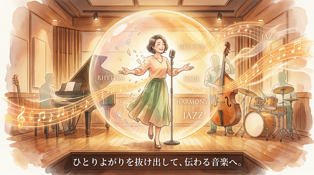 温かみのある水彩画風のイラスト。スタジオで、大人のミュージシャンが「自己満足」を象徴する小さな透明のシャボン玉から抜け出し、外の世界へ一歩踏み出している。外の空間には、客観性を象徴するジャズの楽器のシルエットや、リズムを意味する英語のタイポグラフィが美しく浮かび上がり、自身の音が周囲と調和しながら広がっていく様子を描いている。画像下部には「ひとりよがりを抜け出して、伝わる音楽へ。」というテキストが書かれている。