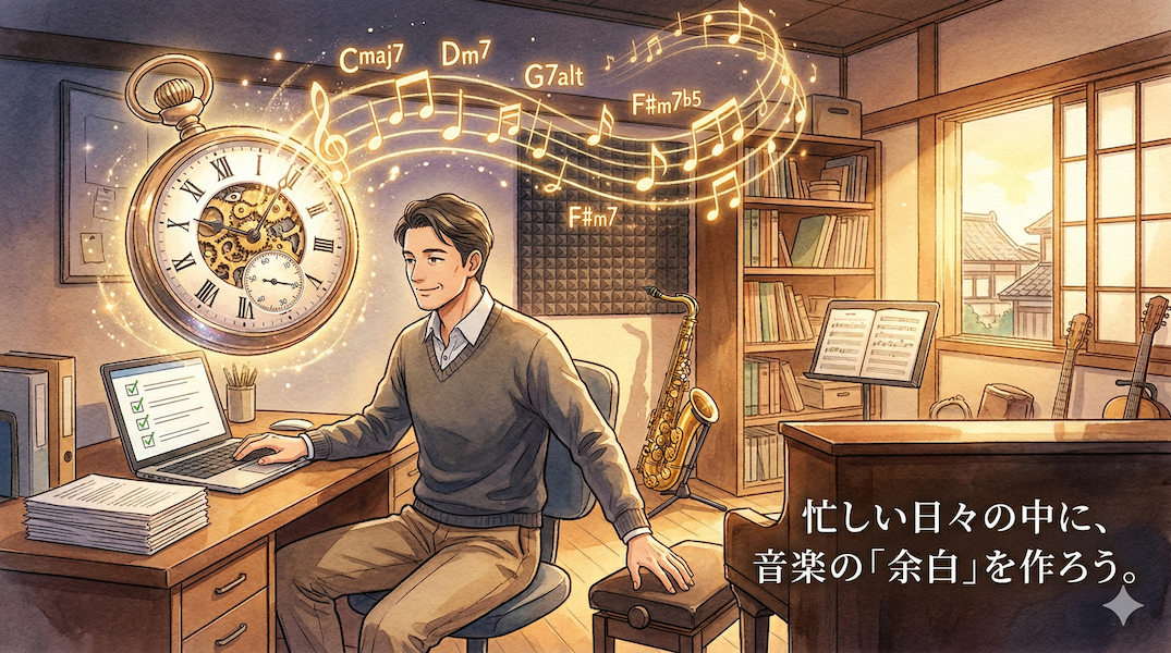 温かみのある水彩画風のイラスト。デスクでノートパソコンのタスクをスマートに終え、笑顔でピアノへと振り返る大人の男性。空間に浮かぶアンティークの懐中時計から、黄金に輝く音符やジャズのコードネーム（Cmaj7、Dm7など）が溢れ出している。タスクを区切って生み出した時間の「余白」が、音楽を楽しむ心の余裕やジャズのアドリブ力へと繋がっていく様子を表現している。画像右下には「忙しい日々の中に、音楽の「余白」を作ろう。」というテキストが書かれている。