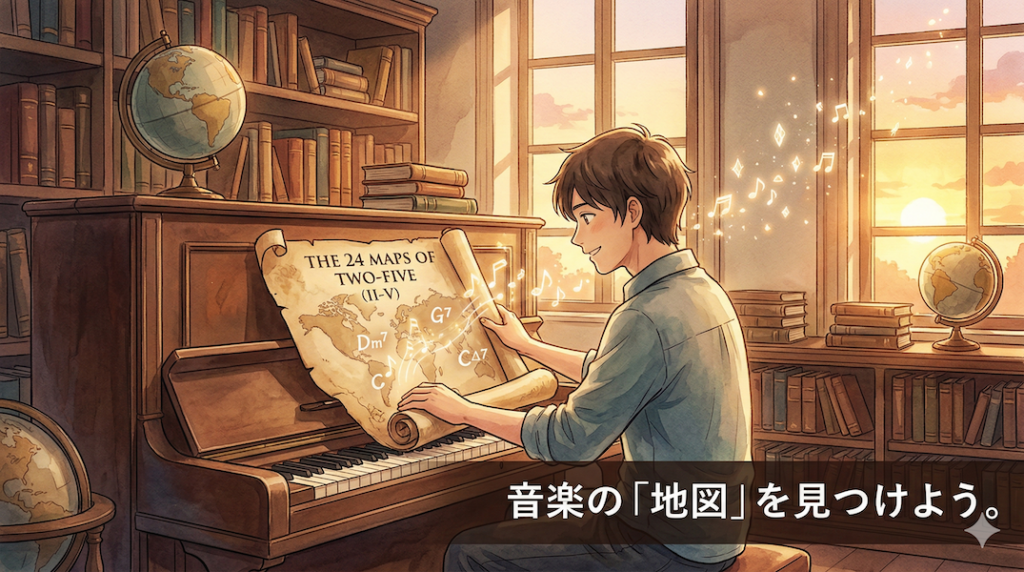 温かみのある水彩画風のイラスト。アンティークなピアノの前で、古びた音楽の「地図（ツーファイブ進行）」を広げ、そこから光り輝く音符や結晶（コードパターン）を見つけている人物。背景には掘り起こされたような音の結晶が漂い、音楽は元々あるものを「掘り起こす」冒険であることを表現している。画像下部には「音楽の「地図」を見つけよう。」というテキストが書かれている。