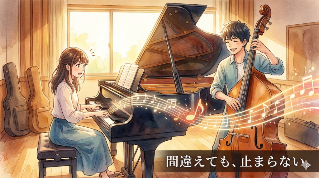 温かみのある水彩画風のイラスト。スタジオでピアノとベースがセッションしている。ピアニストは少しミスをしてハッとした表情をしつつも、笑顔で演奏を止めず前に進んでいる。楽器から流れる光の川（音楽の流れ）の中で、ミスをした音符が少し軌道から外れつつも、美しい別の色に変化して再び光の川に合流していく様子が描かれ、「間違えても止まらない」ジャズの精神を表現している。画像下部には「間違えても、止まらない。」というテキストが書かれている。