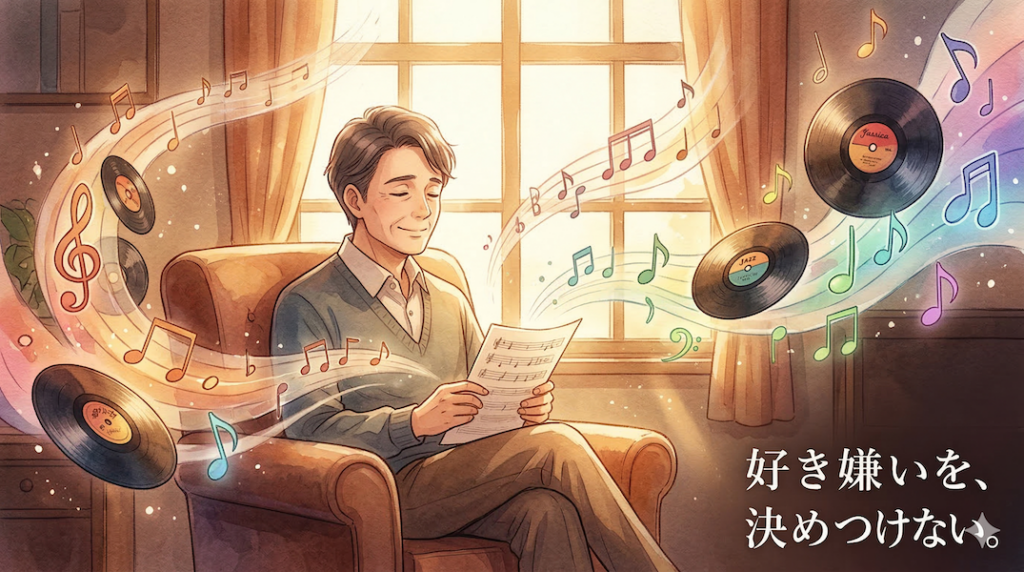 温かみのある水彩画風のイラスト。穏やかな日差しが差し込む部屋で、大人の人物がリラックスして音楽を味わっている。その周りには、ジャンルや時代が異なる様々な色や形の音符、レコードが宙に浮遊している。特定の音楽だけを選ぶのではなく、人生経験とともに変化する様々な音色を、笑顔ですべて受け入れている様子を表現。画像下部には「好き嫌いを、決めつけない。」というテキストが書かれている。